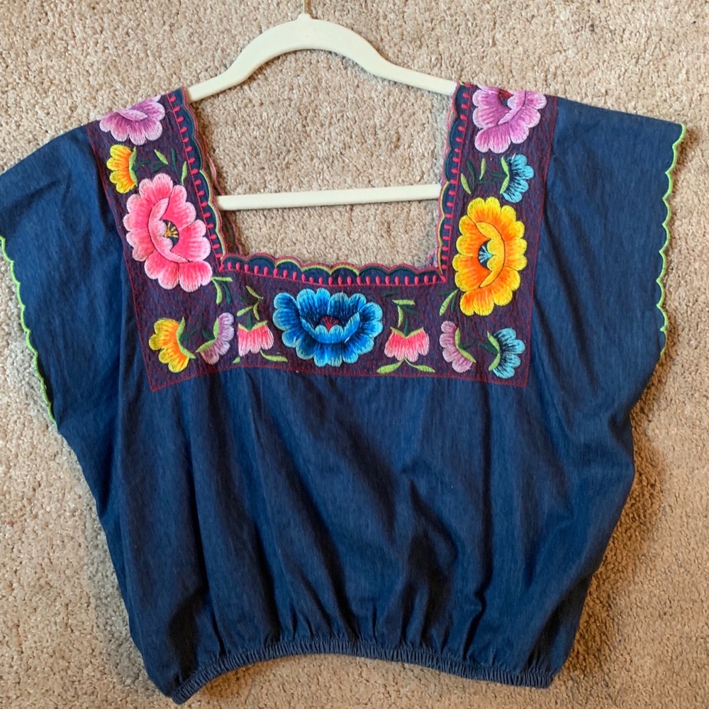 Embroidered denim crop top